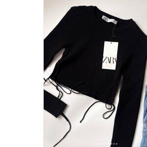 Zara Ribbed Knit Black Crop Top Size S Side Ruched Tie Y2K Minimalist Stretch